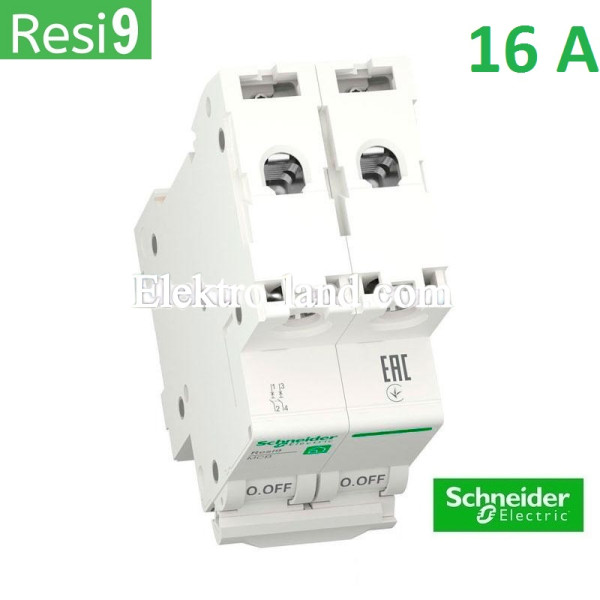 Автоматический выключатель 2Р 16А, C, 6кА, Schneider Electric RESI9 (R9F12216)